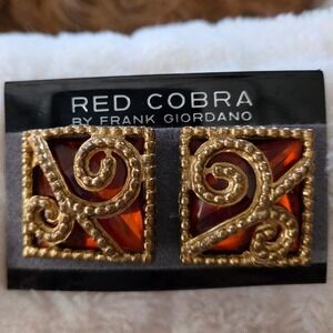 Red Cobra Frank Giordano Earrings Women Gold Amber Excellent Vintage  Clip On